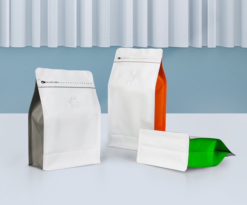 White coffee bags with colorful contrasting side panels