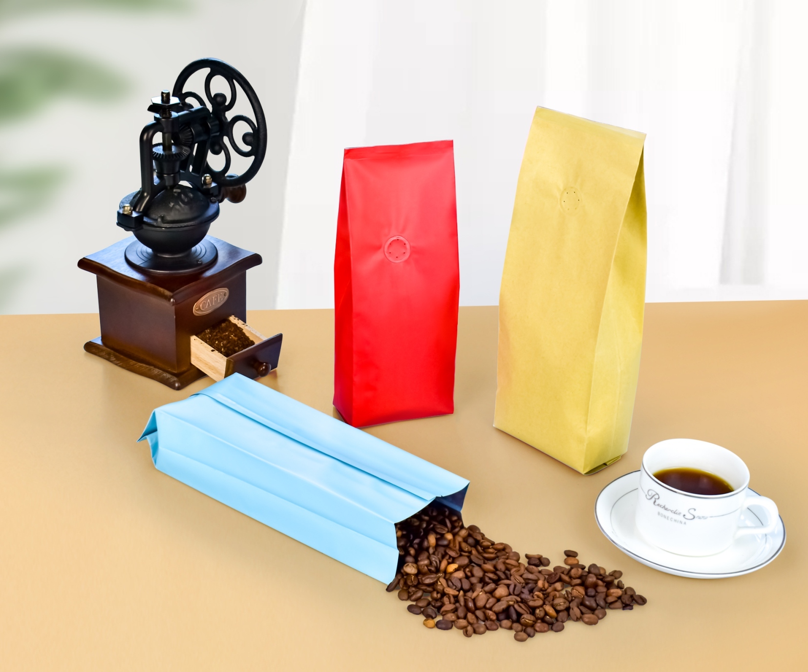 Colorful red, yellow and blue side-gusset coffee bags