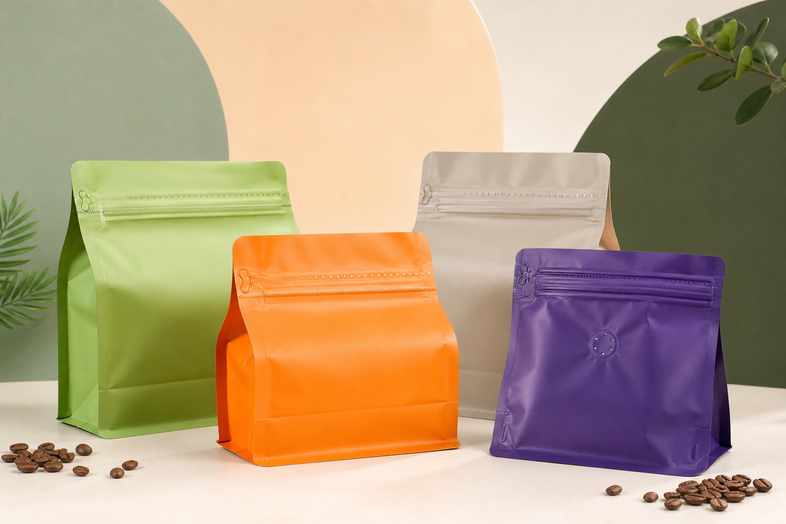 A colorful selection of PackFortune custom coffee bags